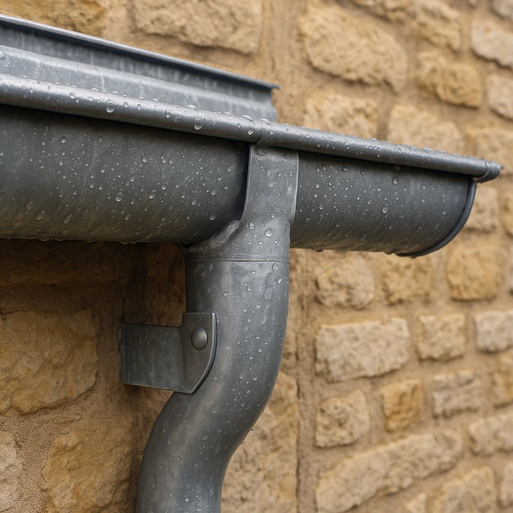 Gouttière en zinc pré-patiné installée sur une maison lorraine à Metz, descente en zinc avec colliers muraux