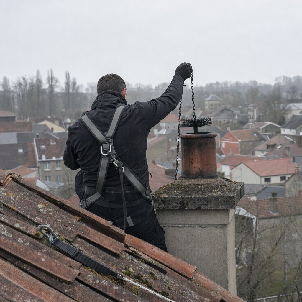 Ramonage de conduit de cheminée par le haut depuis la toiture en Moselle par un artisan couvreur-ramoneur