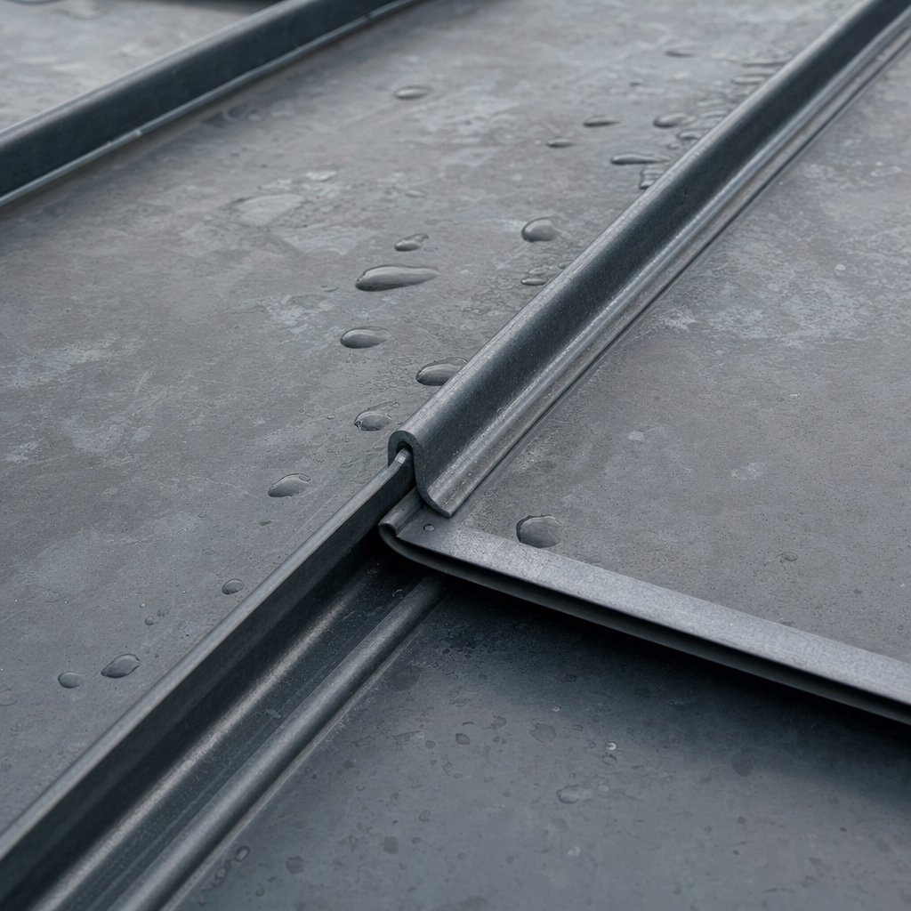 Détail des joints debout sur toiture zinc prépatiné — texture et patine naturelle du zinc