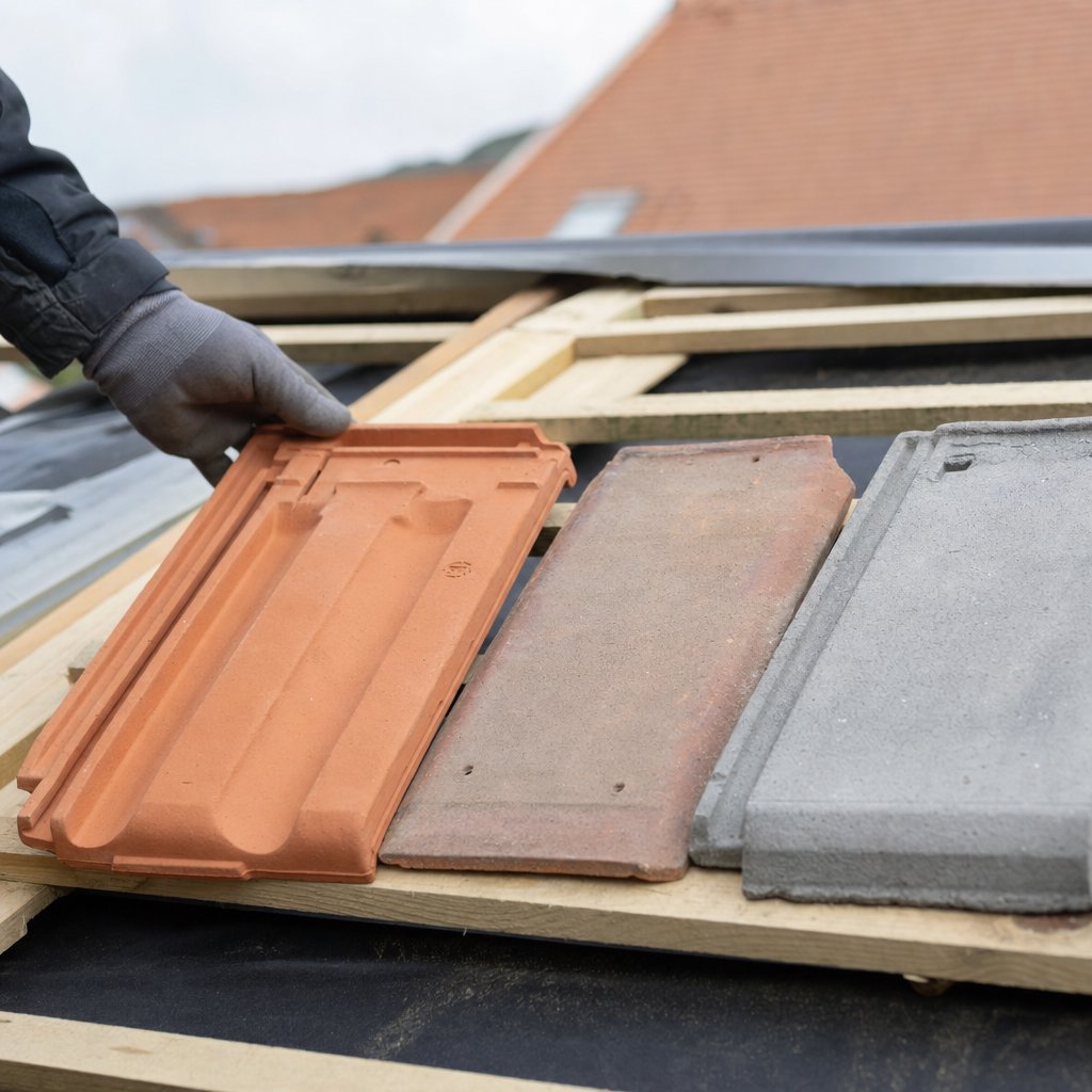 Comparaison de types de tuiles de toiture : tuile terre cuite à emboîtement, tuile plate et tuile béton sur un chantier en Moselle